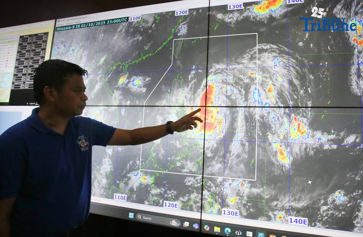 PAGASA Assistant Weather Services Chief Chris Perez gives an update on Tropical Storm Paolo (international name: Matmo) at the agency’s head office on Thursday, October 2, 2025. The storm intensified over the Philippine Sea, prompting Tropical Cyclone Wind Signal (TCWS) No. 2 over parts of Luzon.