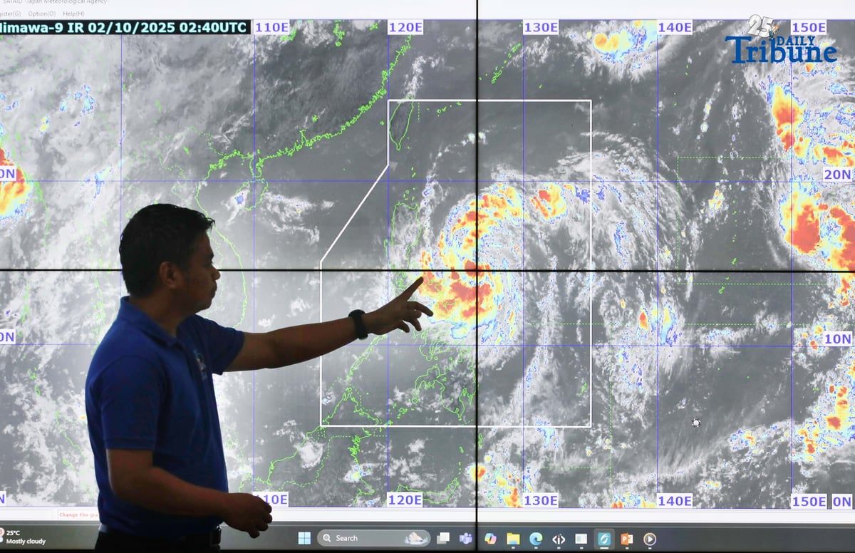 PAGASA Assistant Weather Services Chief Chris Perez gives an update on Tropical Storm Paolo (international name: Matmo) at the agency’s head office on Thursday, October 2, 2025. The storm intensified over the Philippine Sea, prompting Tropical Cyclone Wind Signal (TCWS) No. 2 over parts of Luzon.