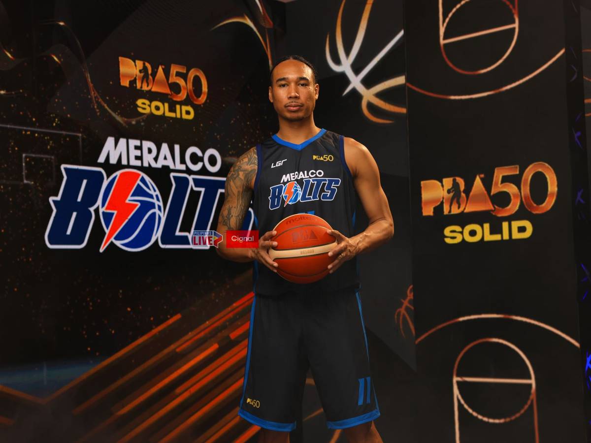 Meralco Bolts guard Chris Newsome sports the new jersey bearing the refreshed team logo which was unveiled in celebration of the team’s 15th anniversary.