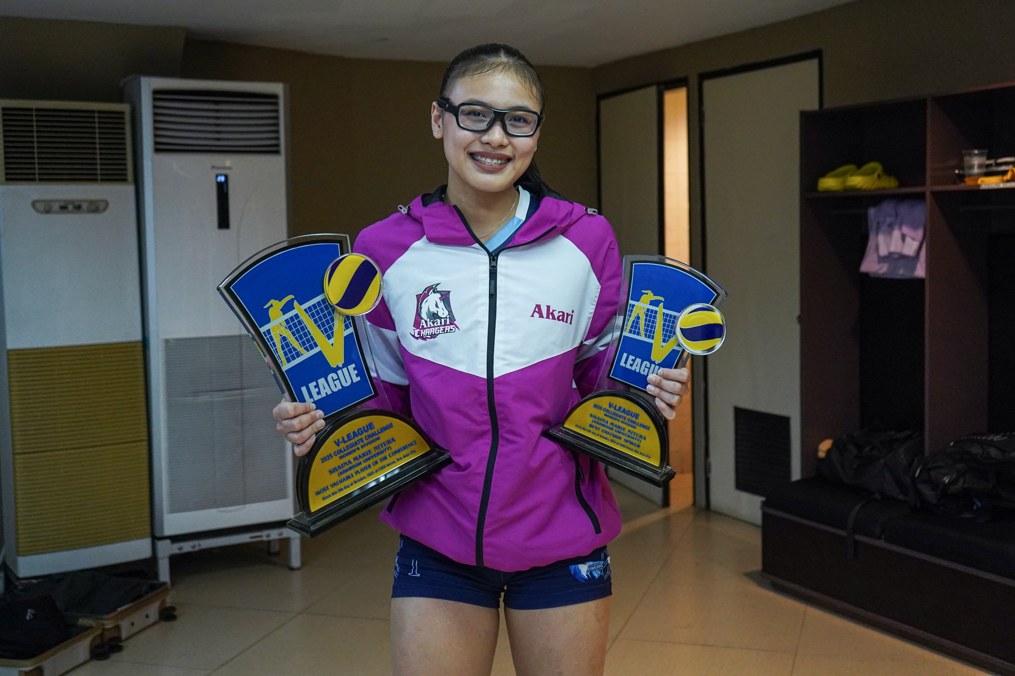 SHAINA Nitura smiles as she lifts her Best Outside Spiker and Most Valuable Player awards during the awarding ceremony of the 2025 V-League Collegiate Challenge.