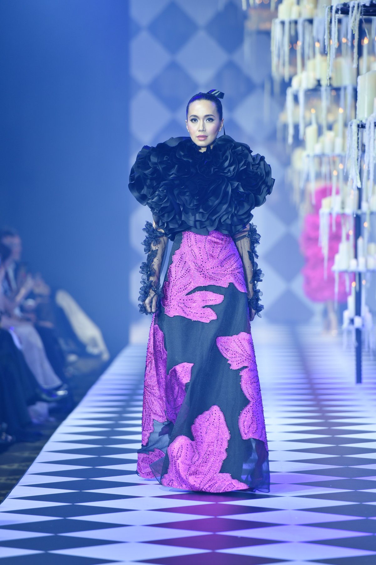 bLACK silk organdy ruffled top with full A-line skirt.