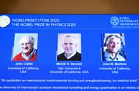 L-R: British physicist John Clarke at the University of California, USA, French physicist Michel H Devoret (University of California and Yale) and US physicist John M Martinis (University of California)