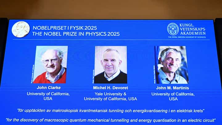 L-R: British physicist John Clarke at the University of California, USA, French physicist Michel H Devoret (University of California and Yale) and US physicist John M Martinis (University of California)