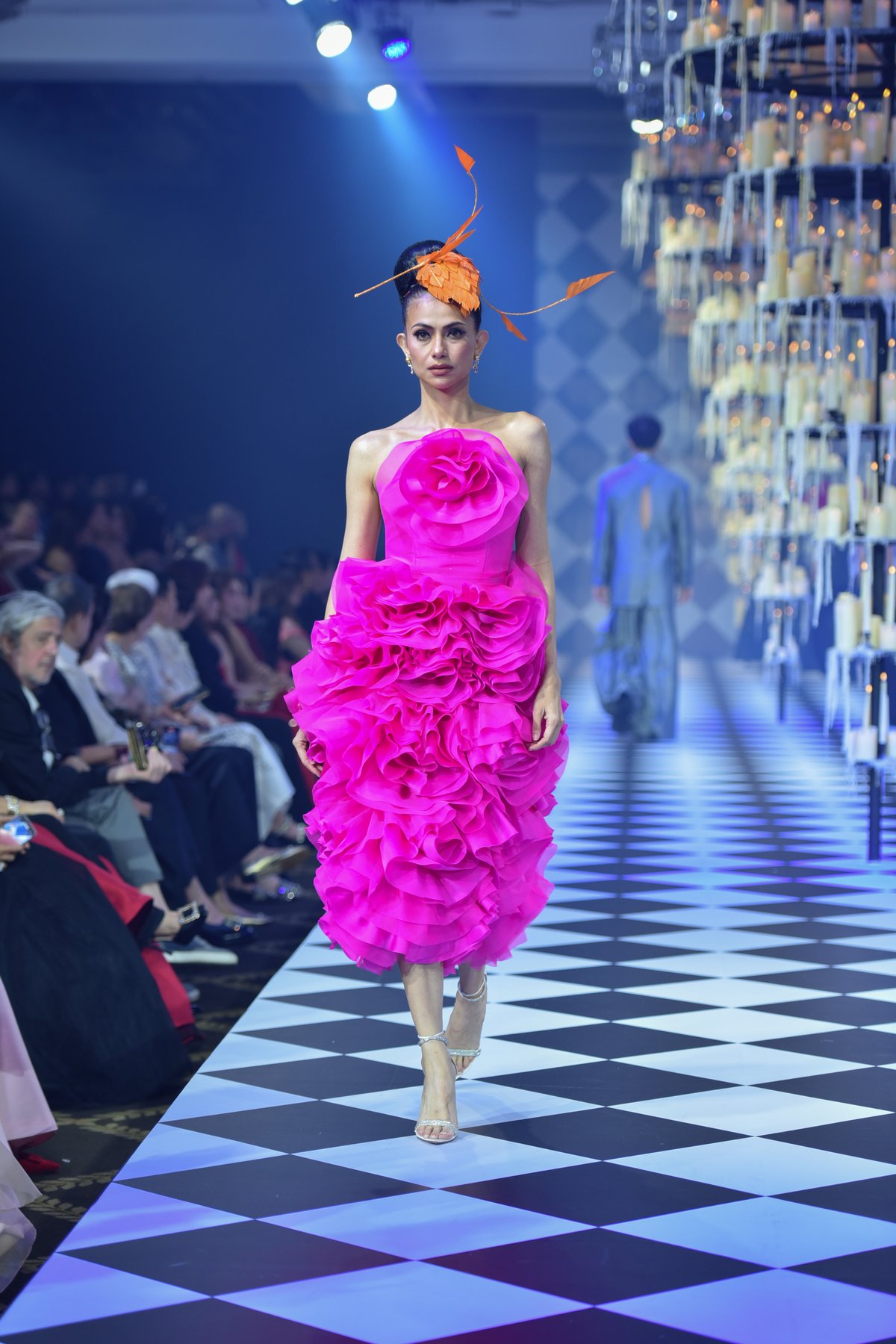 Fuchsia ruffled bustier dress.