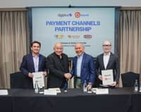 IN PHOTO: (L–R): Jasper S. Vicencio, President of AB Leisure Exponent Inc. (a DigiPlus subsidiary); Eusebio H. Tanco, Chairman of DigiPlus Interactive Corp.; Atty. Ray C. Espinosa, Chairman of the Board, Bayad; and Lawrence Y. Ferrer, President and CEO, Bayad during the signing of the exclusive partnership for over-the-counter gaming payments.