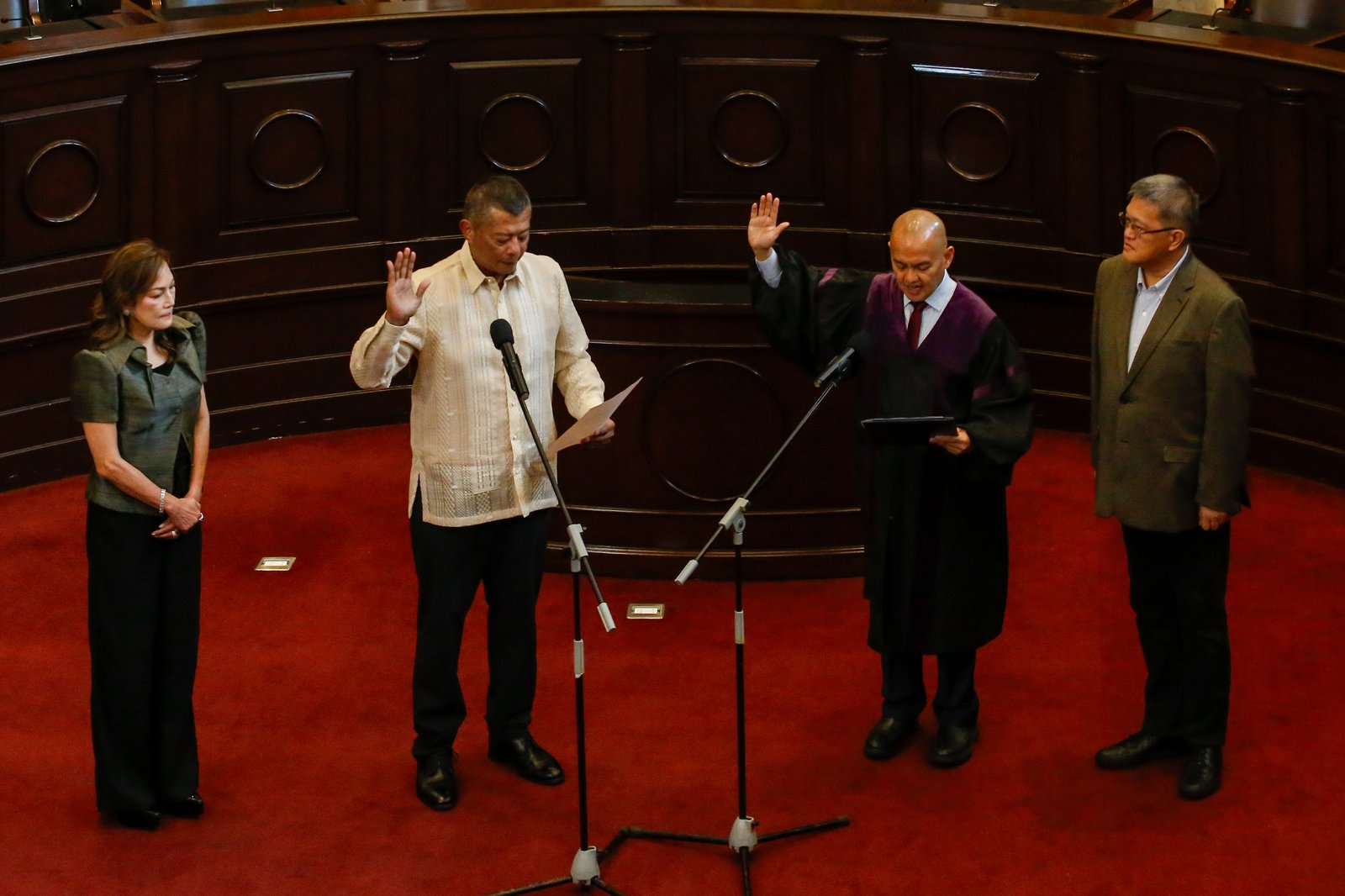 Former Justice Secretary Jesus Crispin “Boying” Remulla takes his oath as the seventh Ombudsman before Senior Associate Justice Marvic Leonen at the Supreme Court in Malate, Manila, on the morning of 9 October 2025. Remulla succeeds Samuel Martires, whose term ended in July.
