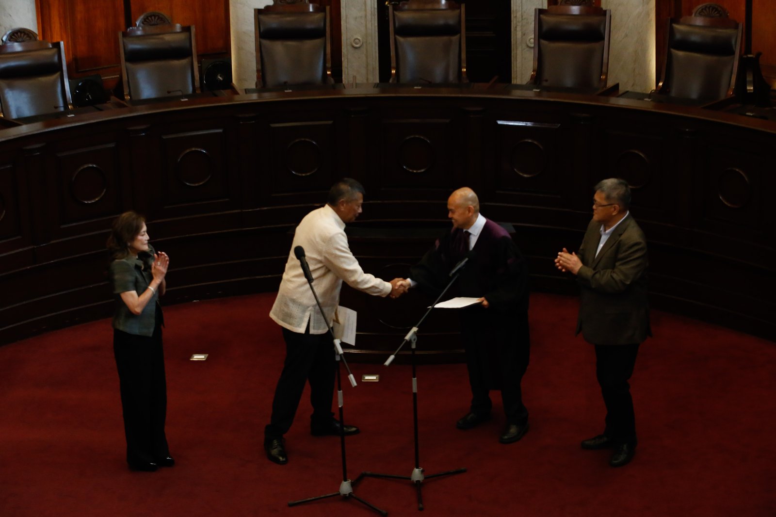 Former Justice Secretary Jesus Crispin “Boying” Remulla takes his oath as the seventh Ombudsman before Senior Associate Justice Marvic Leonen at the Supreme Court in Malate, Manila, on the morning of 9 October 2025. Remulla succeeds Samuel Martires, whose term ended in July.
