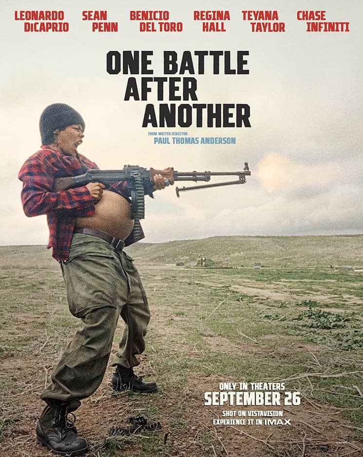 A pregnant Teyana Taylor firing an assault rifle in ‘One Battle After Another’