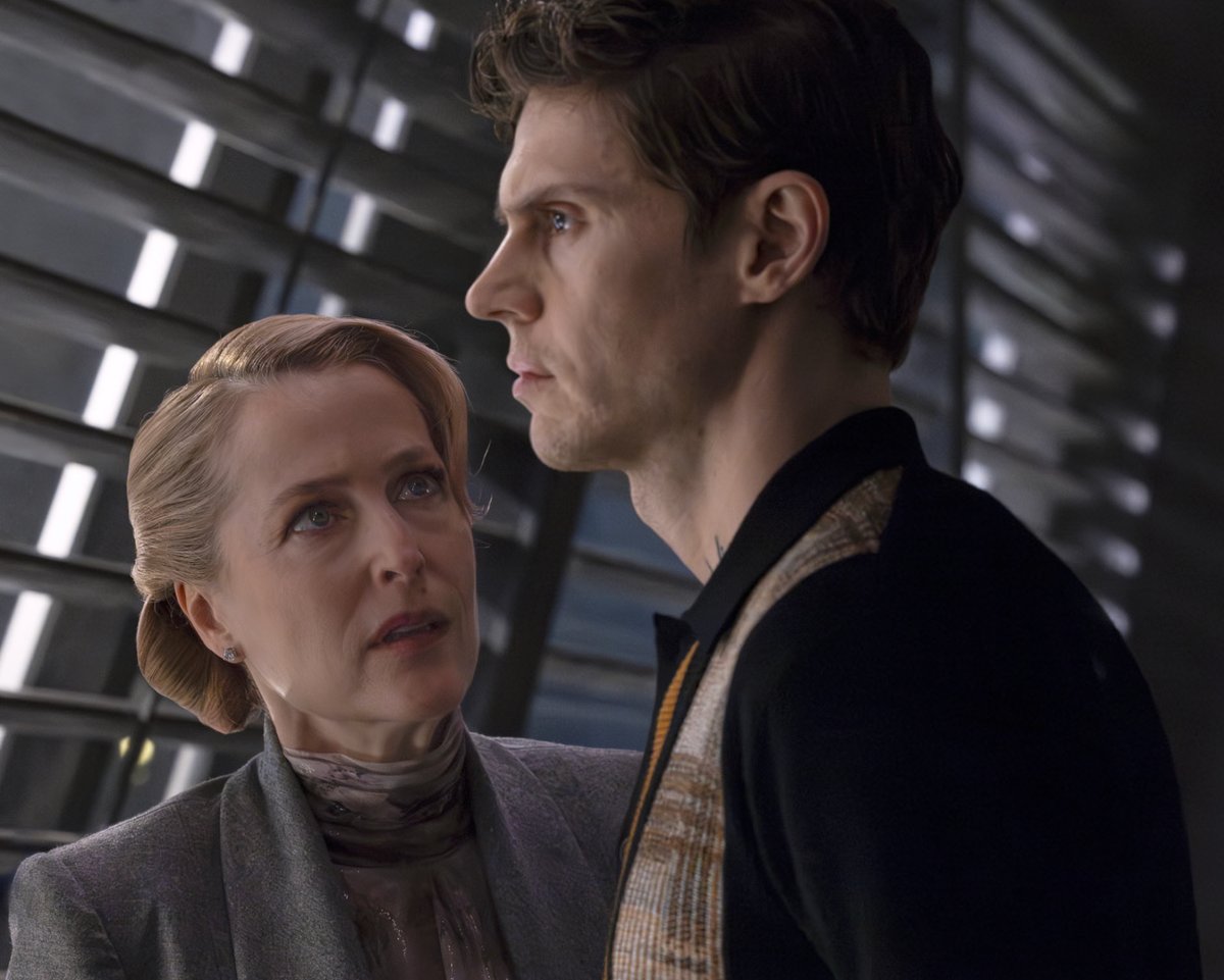 Gillian Anderson and Evan Peters in ‘Tron: Ares.’
