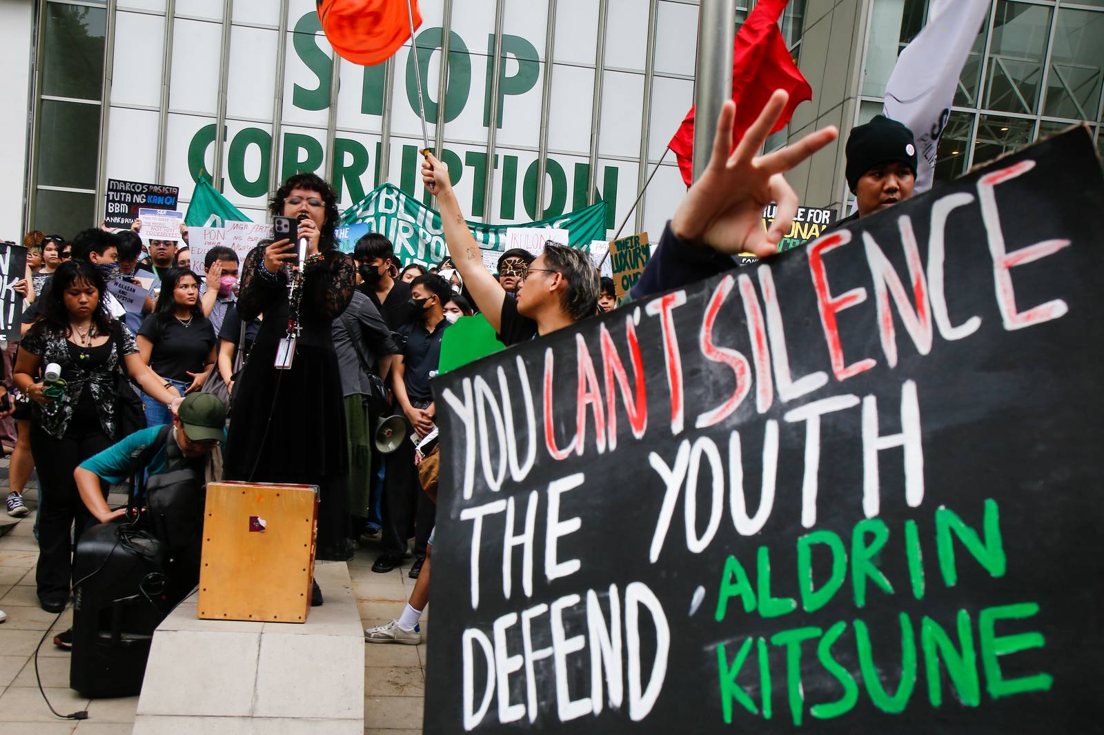 Students from the College of Saint Benilde (CSB) gather at the School for Design and Arts Campus (D+A Campus) along P. Ocampo Street on the afternoon of 13 October 2025 to protest against the worsening government corruption.