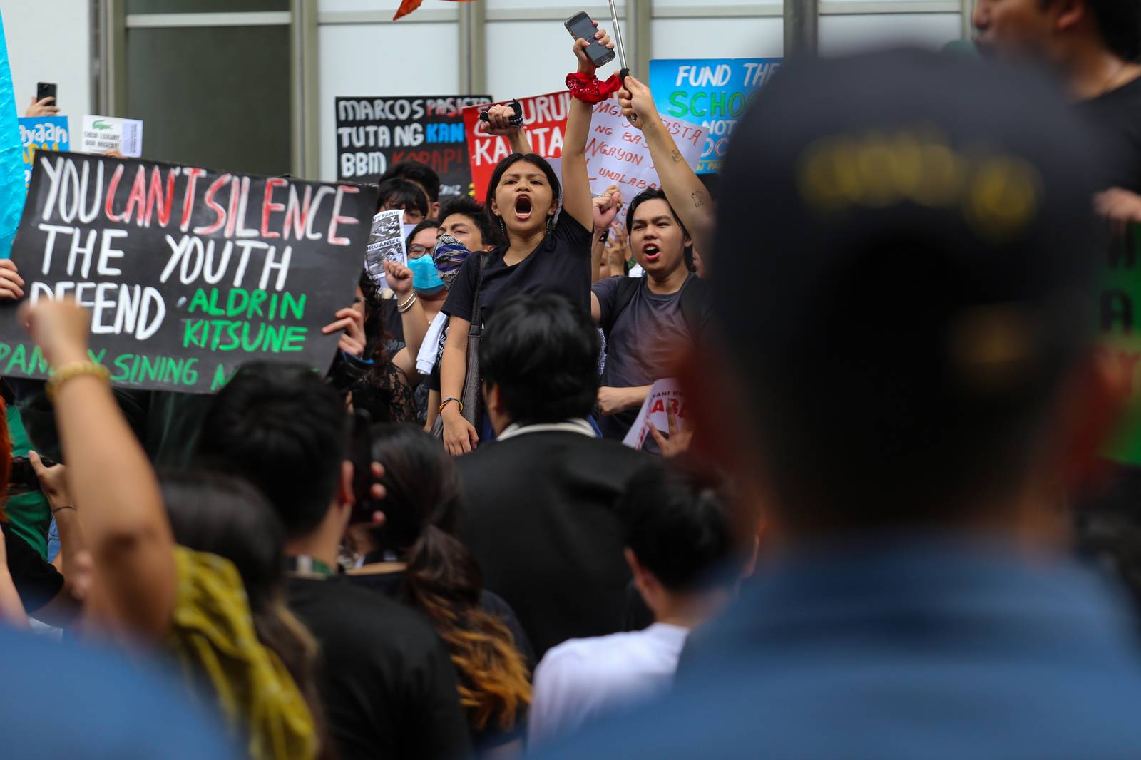 Students from the College of Saint Benilde (CSB) gather at the School for Design and Arts Campus (D+A Campus) along P. Ocampo Street on the afternoon of 13 October 2025 to protest against the worsening government corruption.