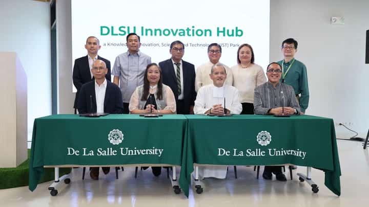 FROM left to right (Top): Vice President for Research and Innovation Dr. Raymond Girard R. Tan, DOST Undersecretary for Regional Operations Sancho A. Mabborang, DOST Secretary Renato U. Solidum Jr., DOST Asst. Secretary for Technology Transfer, Communications, and Commercialization Napoleon K. Juanillo Jr. PhD., DOST-Region IV-A Regional Director Emelita P. Bagsit, and Provost and DLSU President for Academics Robert C. Roleda. From left to right (Bottom): PEZA Division Chief for Ecozone Assistance Division Ludwig O. Daza, PEZA Acting Group Manager Rowena T. Naguit, DLSU President Br. Bernard S. Oca, FSC, and DLSU-Laguna Campus Vice President Dr. Jonathan R. Dungca, during the Ceremonial Signing of the Registration Agreement designating DLSU as the official Knowledge, Innovation, Science and Technology (KIST) Developer, held at Enrique K. Razon Jr. Hall, DLSU-Laguna Campus on 08 October 2025.
