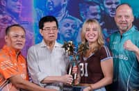BILLIARDS and Snooker Congress of the Philippines president Putch Puyat (second from left) and Matchroom CEO Emily Frazer (second from right) display the trophy together with Team Asia captain Francisco ‘Django’ Bustamante (left) and Rest of the World skipper Jeremy Jones during the press launch of the 2025 Reyes Cup on Wednesday.