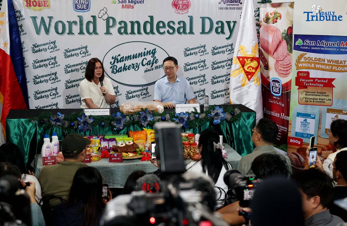 (October 16 2025) Vice President Sara Duterte speaks at the press conference with Kamuning Bakery with moderator columnist Wilson Lee Flores during the World Pandesal Day celebration in Quezon City on Thursday October 16 2025. Photo/Analy Labor