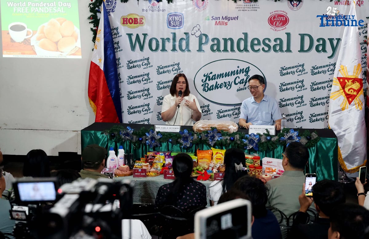 (October 16 2025) Vice President Sara Duterte speaks at the press conference with Kamuning Bakery with moderator columnist Wilson Lee Flores during the World Pandesal Day celebration in Quezon City on Thursday October 16 2025. Photo/Analy Labor