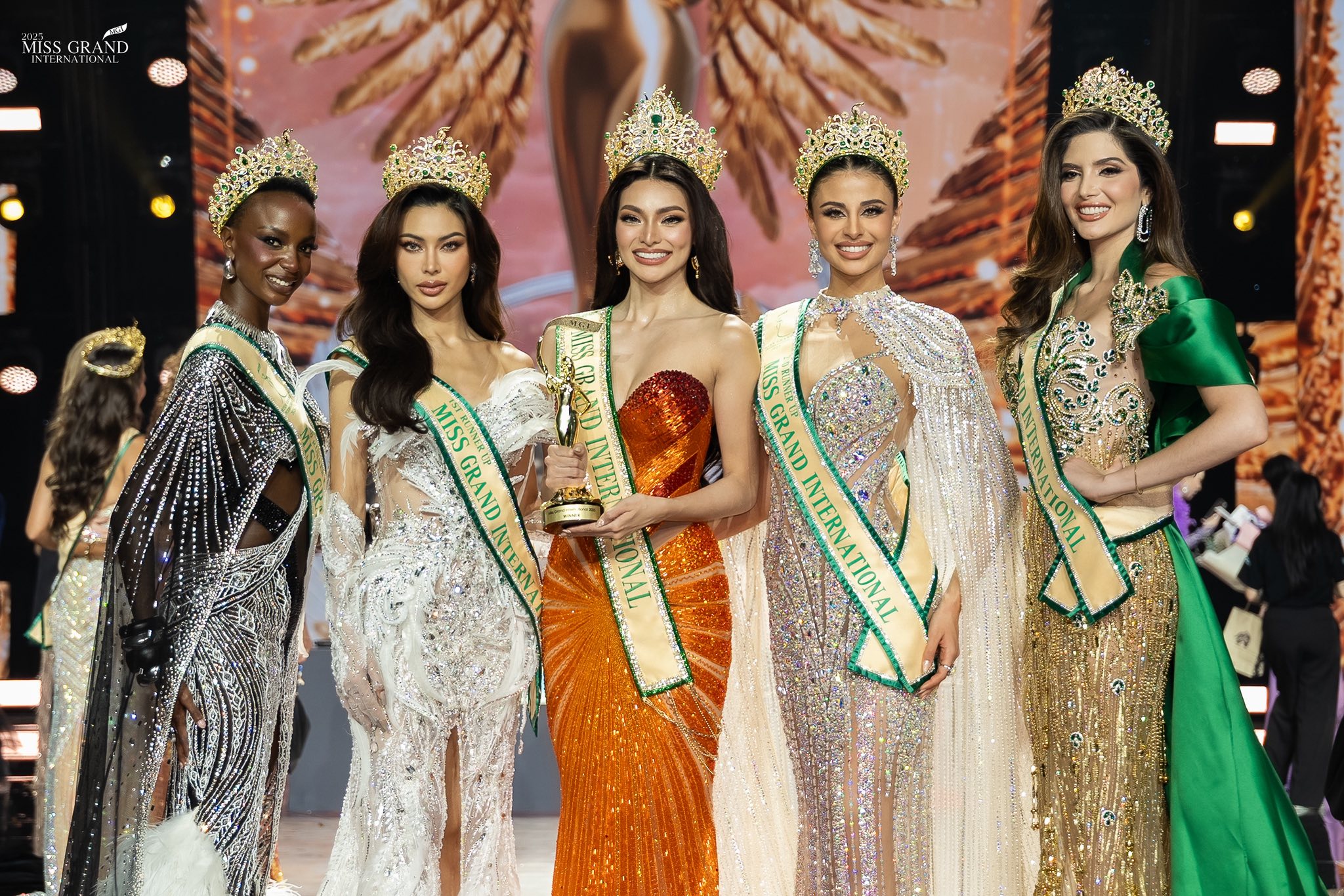 Beauties all: (From left) Miss Grand Ghana 2025 Faith Maria Porter, Miss Grand Thailand Sarunrat Puagpipat, Miss Grand International 2025 Emma Tiglao, Miss Grand Spain Aitana Jimenez and Miss Grand Venezuela Nary Battikha.