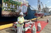 PLANTERS Products Inc. President and CEO Maria Zenaida Angpin gives a speech at the delivery of fertilizer shipments at the Orion Dockyard in Bataan on 20 October 2025.