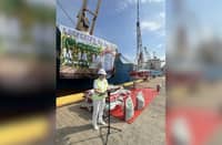 PLANTERS Products Inc. president and CEO Maria Zenaida Angpin gives a speech during the delivery of fertilizer shipments at the Orion Dockyard in Bataan on 20 October 2025.