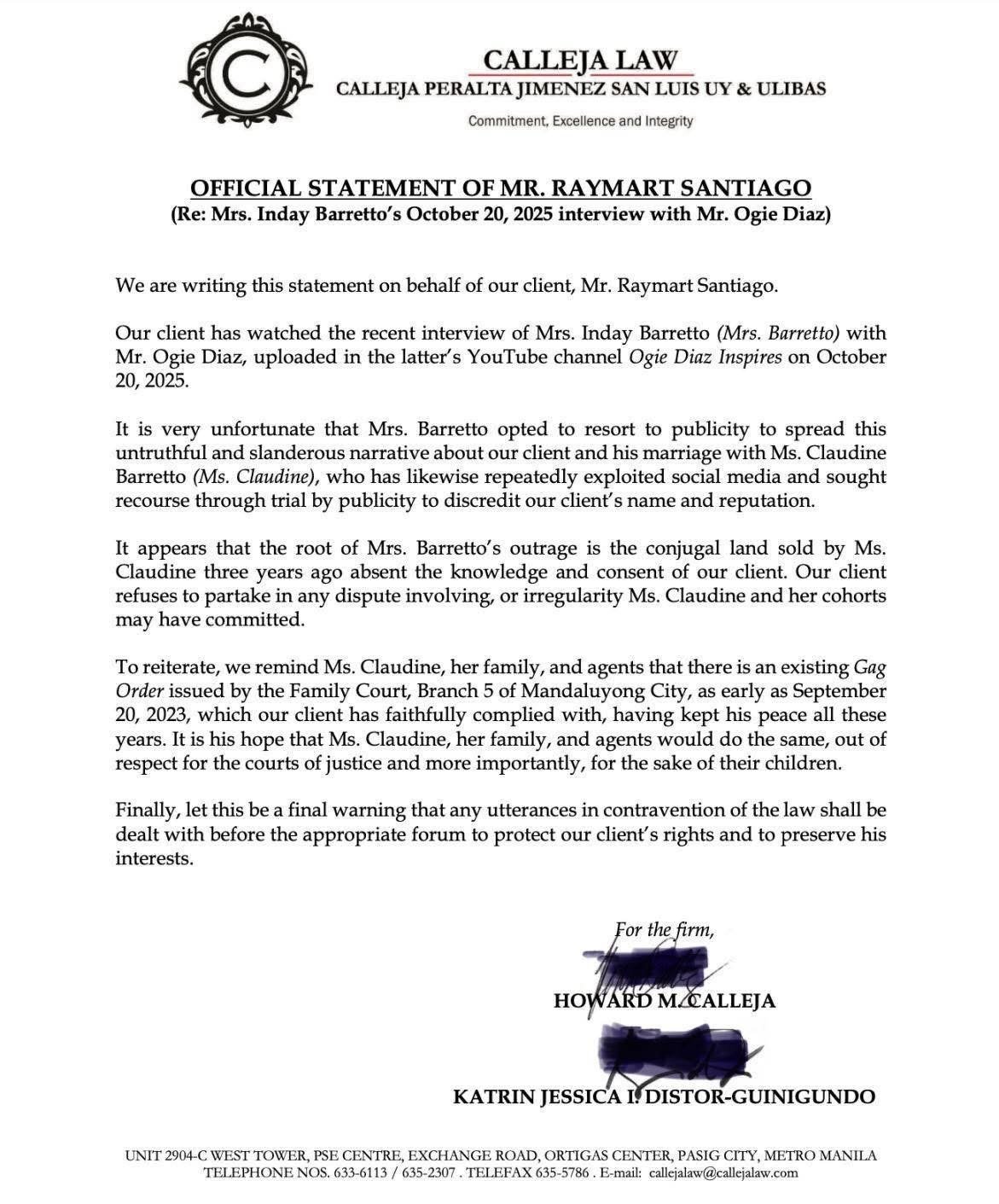 Raymart Santiago official statement