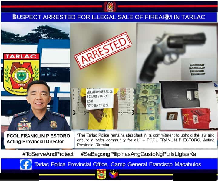 A man was arrested for selling a tampered firearm to an undercover agent in the town of Bamban, Tarlac on October 19, 2025.