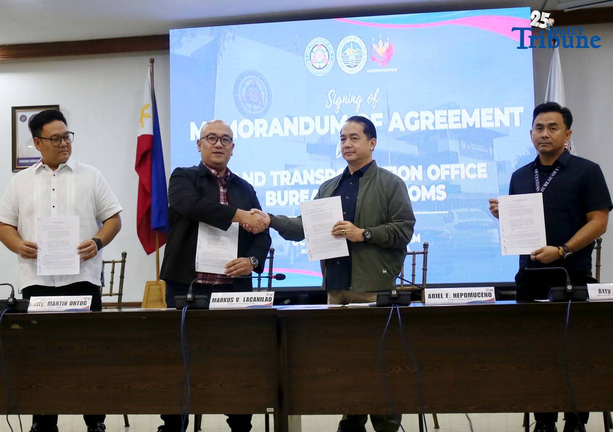 (October 21 2025) Bureau of Customs BOC Land Transportation Office LTO led by BOC Commissioner Ariel Nepomuceno, LTO Chief Markus Lacanilao, along with LTO Atty. Martin Ontog and Office of the commissioner staff Jek Casipit signed a memorandum of Agreement MOA to strengthen coordination and to combat on smuggled vehicles, BOC commissioner said the agreement shows a collaboration effort between the BOC and LTO in promoting transparency and coordinated enforcement, held at LTO office in Quezon City on Tuesday October 21 2025. Photo/Analy Labor