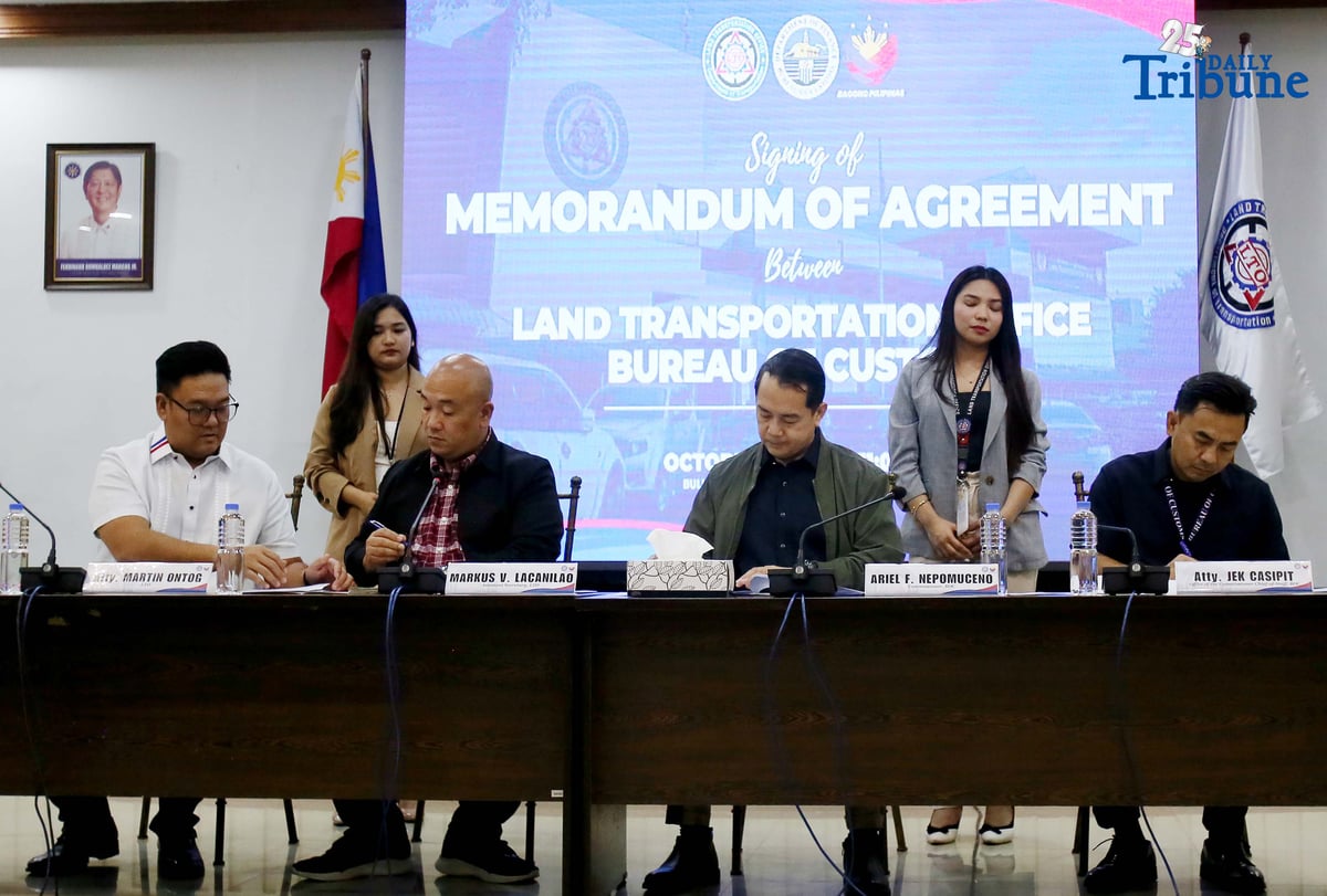 (October 21 2025) Bureau of Customs BOC Land Transportation Office LTO led by BOC Commissioner Ariel Nepomuceno, LTO Chief Markus Lacanilao, along with LTO Atty. Martin Ontog and Office of the commissioner staff Jek Casipit signed a memorandum of Agreement MOA to strengthen coordination and to combat on smuggled vehicles, BOC commissioner said the agreement shows a collaboration effort between the BOC and LTO in promoting transparency and coordinated enforcement, held at LTO office in Quezon City on Tuesday October 21 2025. Photo/Analy Labor