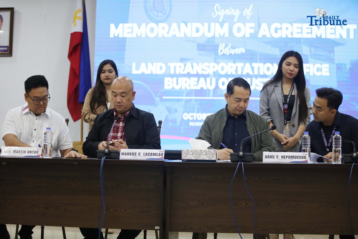 (October 21 2025) Bureau of Customs BOC Land Transportation Office LTO led by BOC Commissioner Ariel Nepomuceno, LTO Chief Markus Lacanilao, along with LTO Atty. Martin Ontog and Office of the commissioner staff Jek Casipit signed a memorandum of Agreement MOA to strengthen coordination and to combat on smuggled vehicles, BOC commissioner said the agreement shows a collaboration effort between the BOC and LTO in promoting transparency and coordinated enforcement, held at LTO office in Quezon City on Tuesday October 21 2025. Photo/Analy Labor