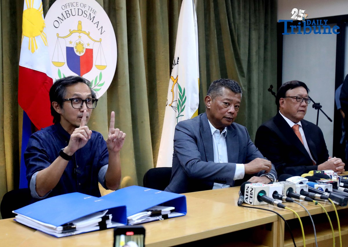 DPWH Secretary Vince Dizon, Ombudsman Jesus Crispin Remulla, and Independent Commission for Infrastructure (ICI) Chairman Justice Andres Reyes hold a joint press conference after filing malversation and graft charges before the Office of the Ombudsman against 22 DPWH officials and contractors allegedly involved in anomalous infrastructure projects uncovered through the ICI probe.