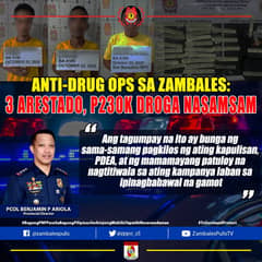 3 arrested, P230K worth of drugs seized in Zambales operations