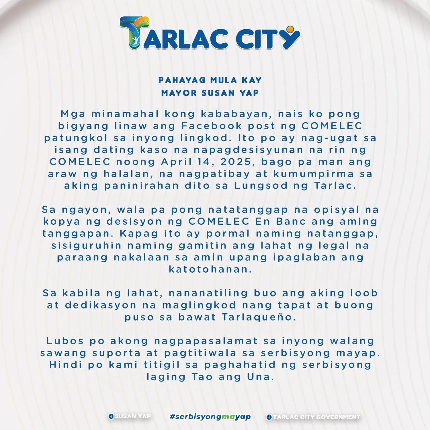 Tarlac mayor issues statement on supposed disqualification 