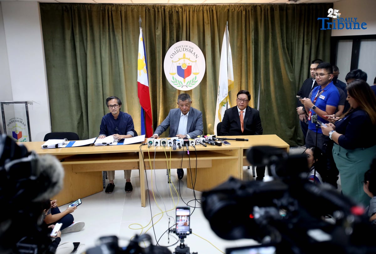 DPWH Secretary Vince Dizon, Ombudsman Jesus Crispin Remulla, and Independent Commission for Infrastructure (ICI) Chairman Justice Andres Reyes hold a joint press conference after filing malversation and graft charges before the Office of the Ombudsman against 22 DPWH officials and contractors allegedly involved in anomalous infrastructure projects uncovered through the ICI probe.