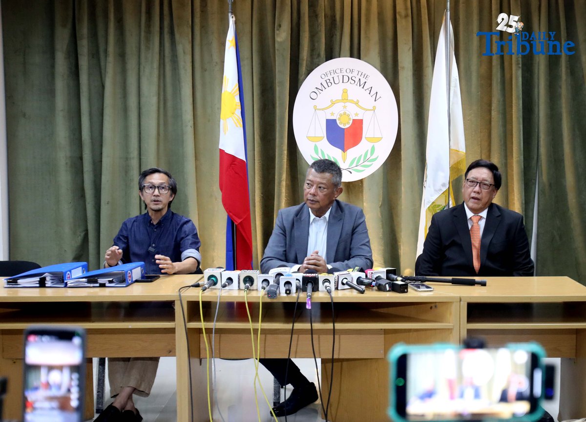 DPWH Secretary Vince Dizon, Ombudsman Jesus Crispin Remulla, and Independent Commission for Infrastructure (ICI) Chairman Justice Andres Reyes hold a joint press conference after filing malversation and graft charges before the Office of the Ombudsman against 22 DPWH officials and contractors allegedly involved in anomalous infrastructure projects uncovered through the ICI probe.