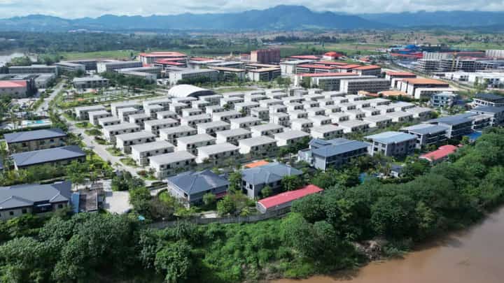 The KK Park complex in Myanmar's eastern Myawaddy township, as pictured from Mae Sot district in Thailand's border province of Tak