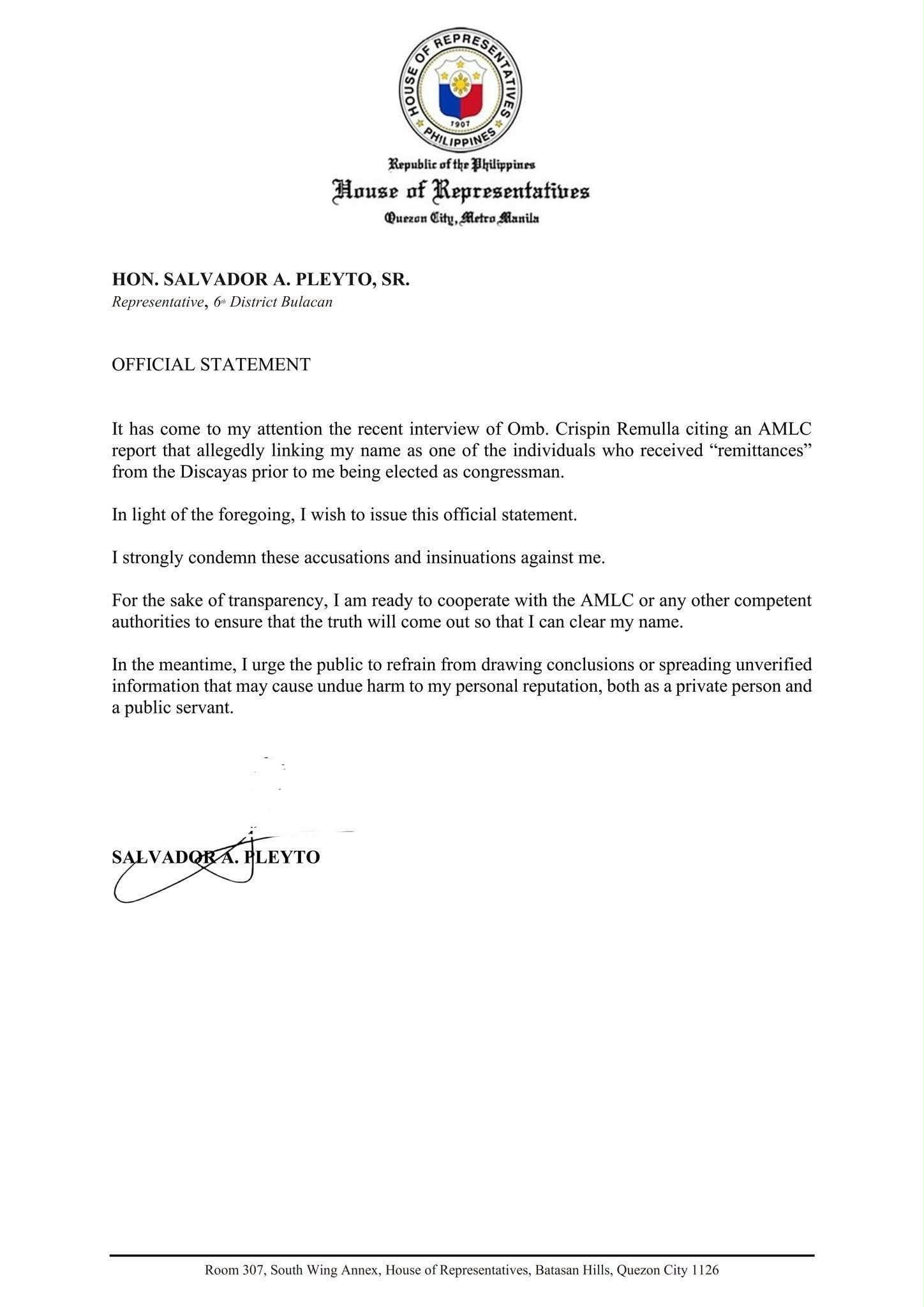 Bulacan Rep. Pleyto denies link to Discaya couple