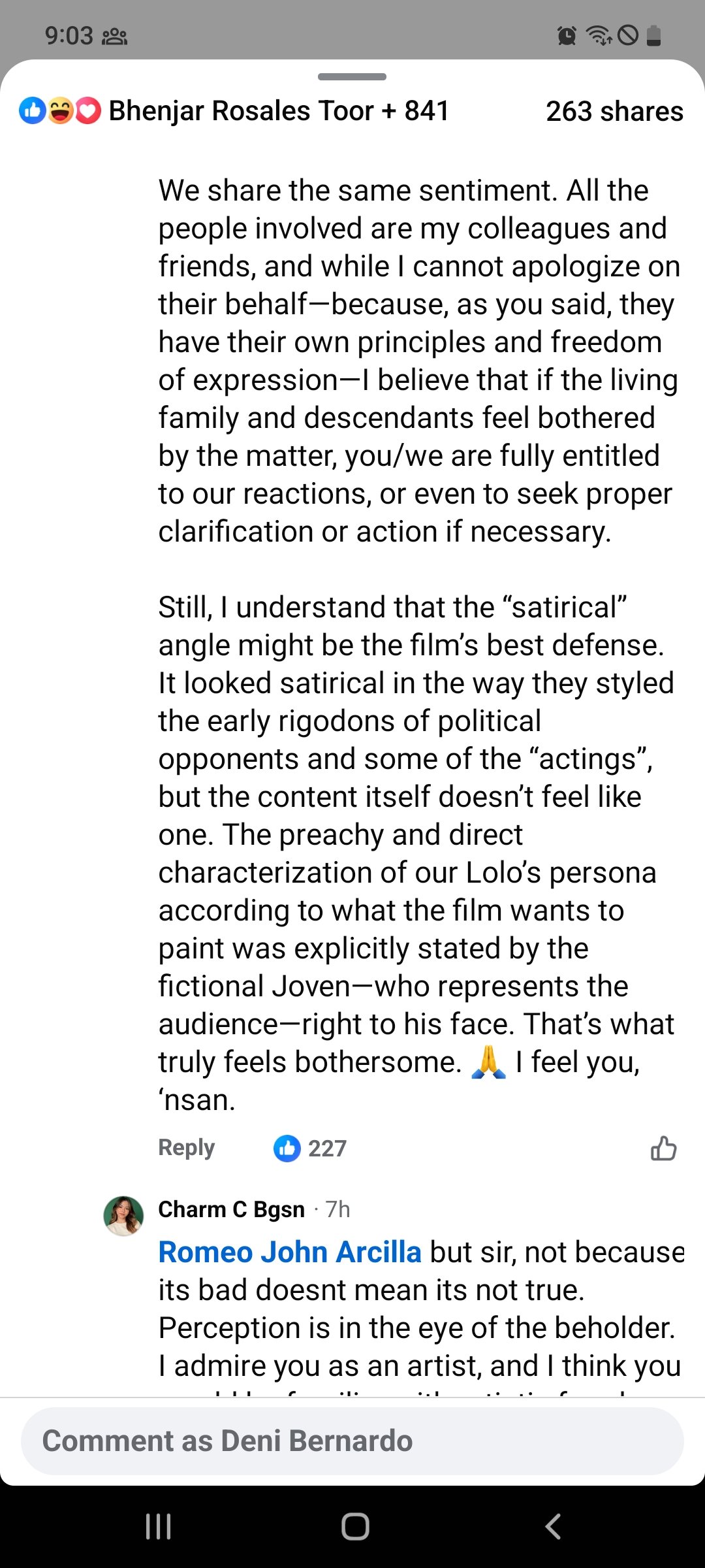Screenshot of John Arcilla's comment to his cousin Ricky Avanceña