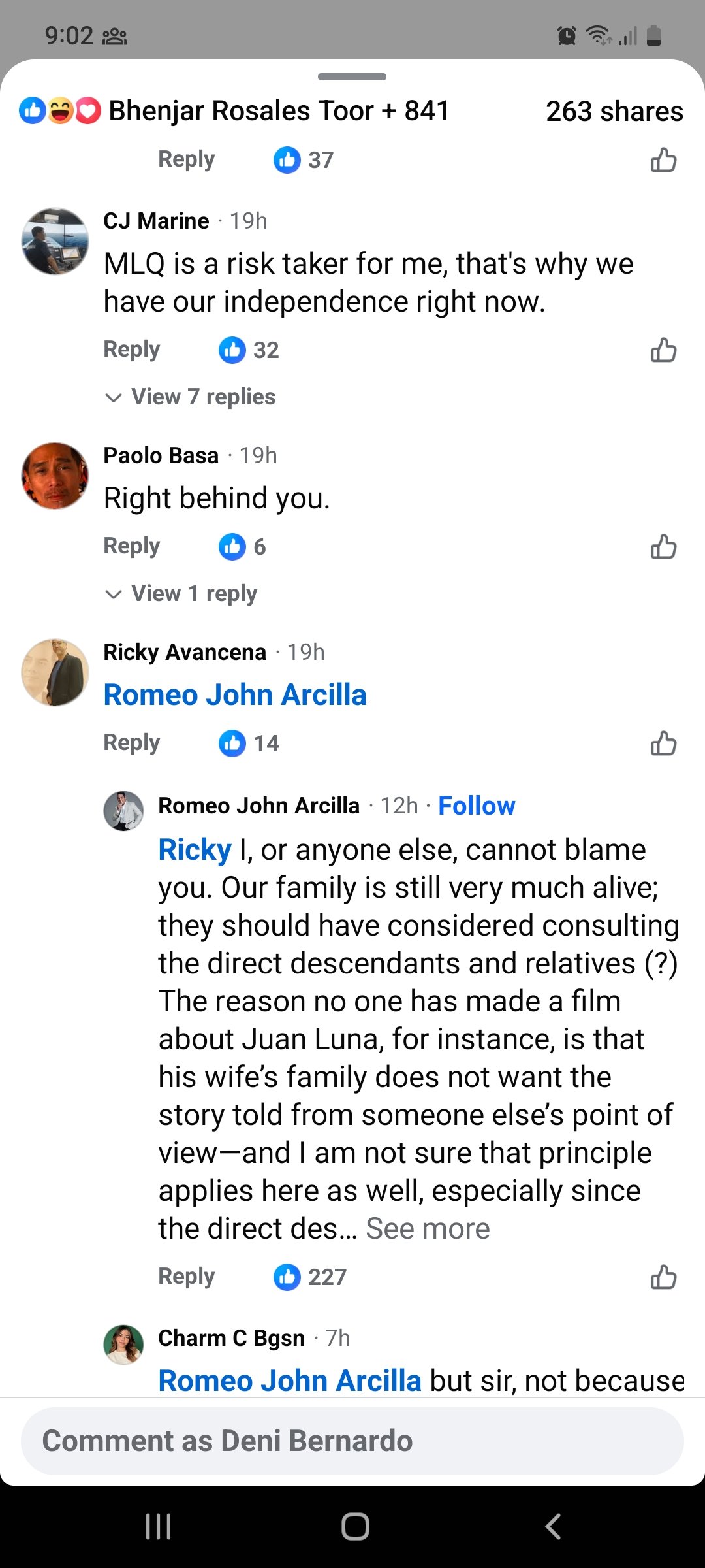 Screenshot of John Arcilla's comment to his cousin Ricky Avanceña