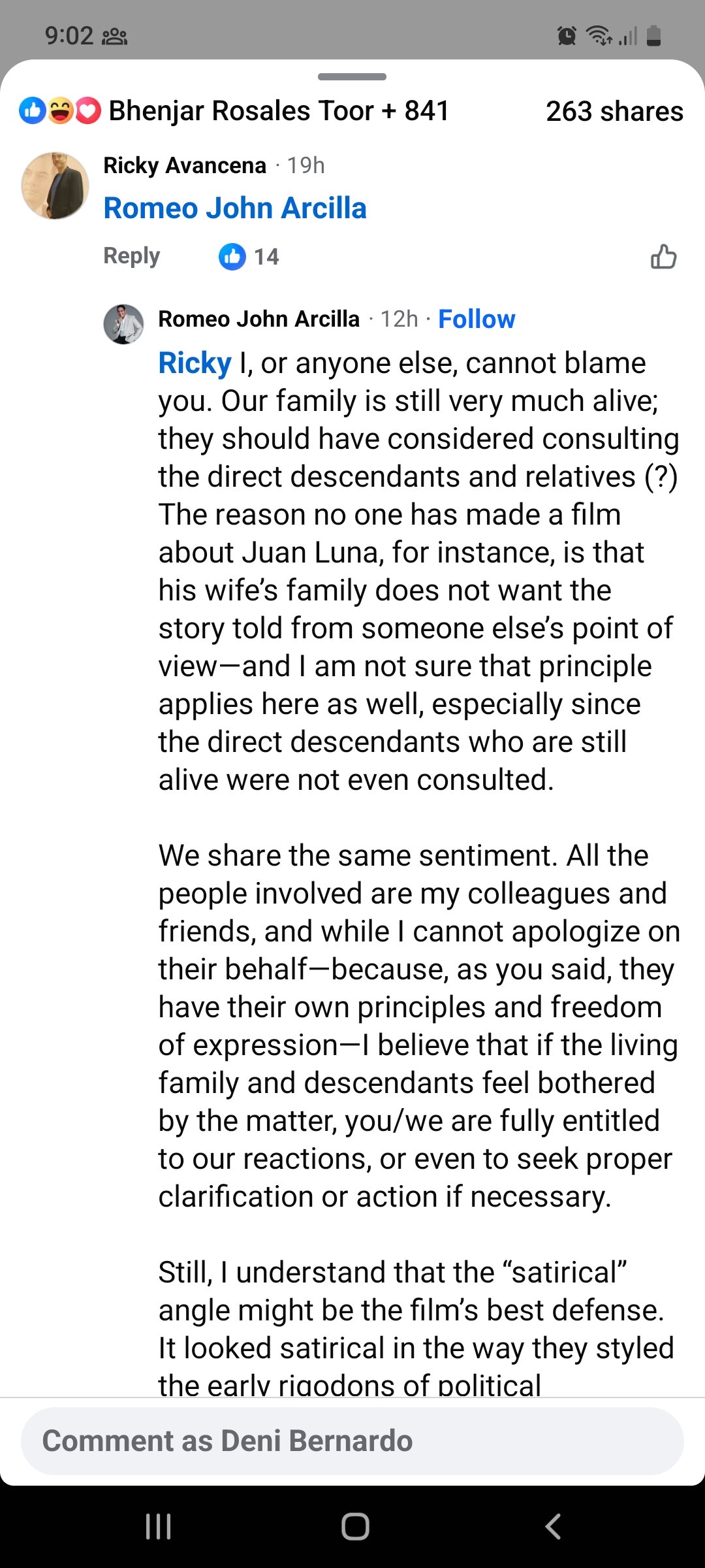 Screenshot of John Arcilla's comment to his cousin Ricky Avanceña