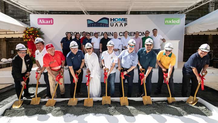 AKARI Lighting & Technology Corporation chief executive officer Christopher Tiu (fourth from right) joins other UAAP representatives during the groundbreaking ceremony of the ‘Home of the UAAP’ in Pasig City on Friday.
