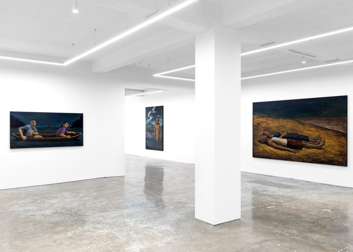 A view of the show’s installation ‘Haven of the Fireflies’ (left), acrylic on canvas, 36x72 inches, 2025 ‘Stargazing’ (right), acrylic on canvas, 36x72 inches, 2025.
