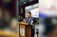 Senator JV Ejercito delivers a message during the Lakan Ride for a Cause 2025 at the Nueva Ecija Convention Center in Palayan City.