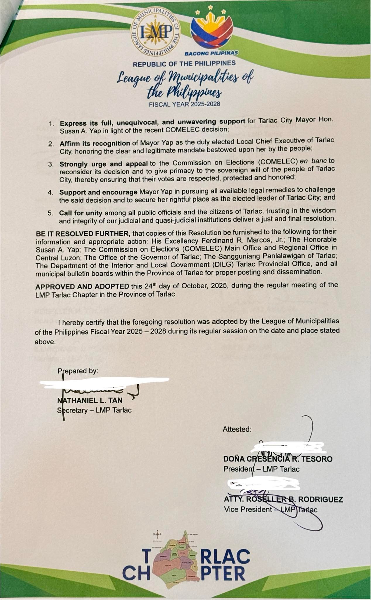 Tarlac mayors back Susan Yap, urge Comelec to respect voters’ mandate
