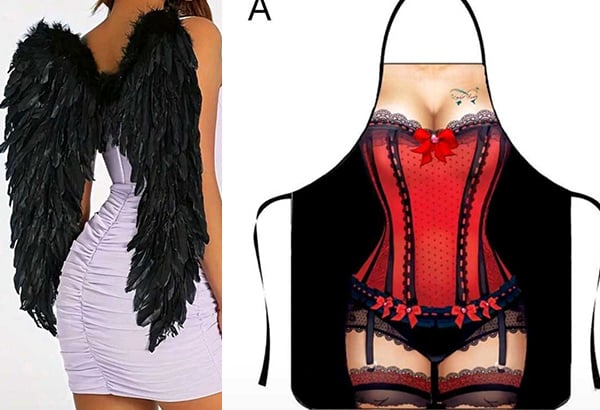 Wings and sexy apron to simulate a Victoria's Secret Angel.