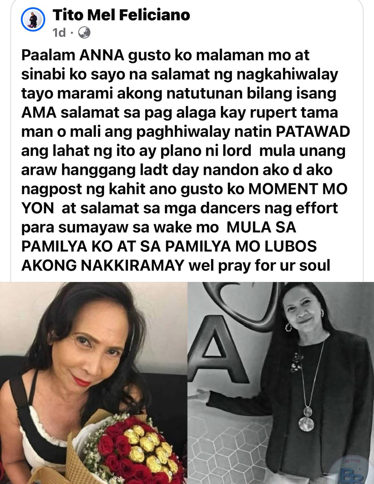 The viral post of Mel Feliciano for ex wife Anna Feliciano