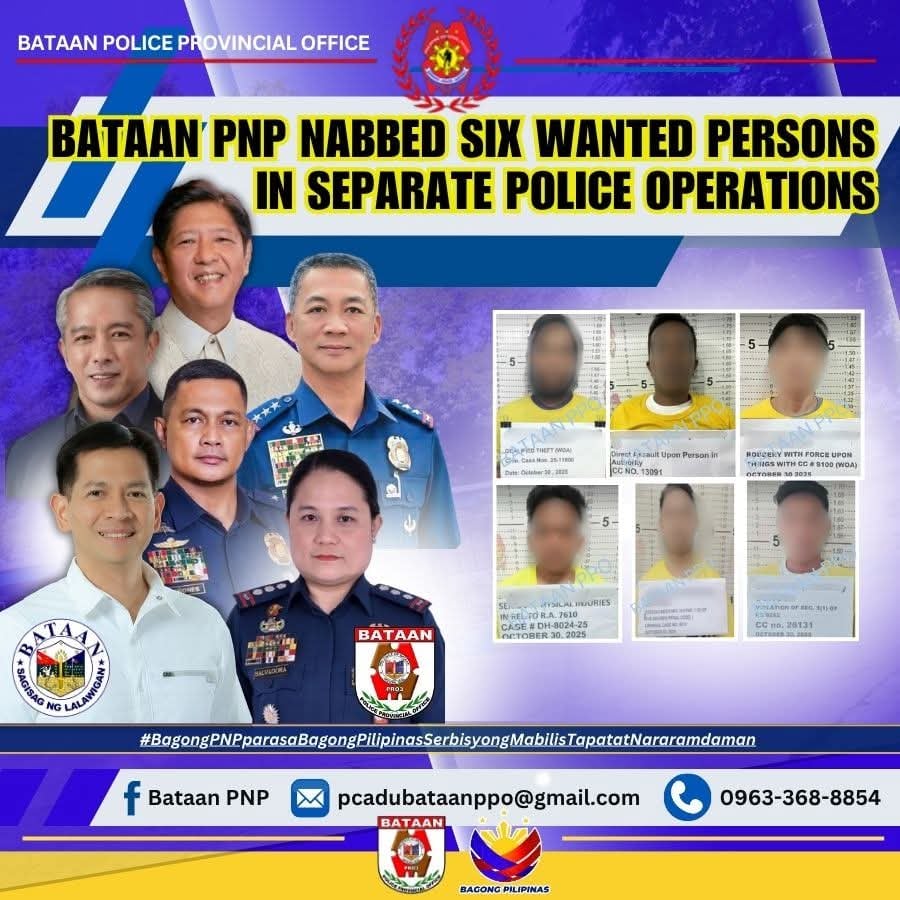 Bataan police arrest six in sweeping anti-crime operations; illegal firearm seize