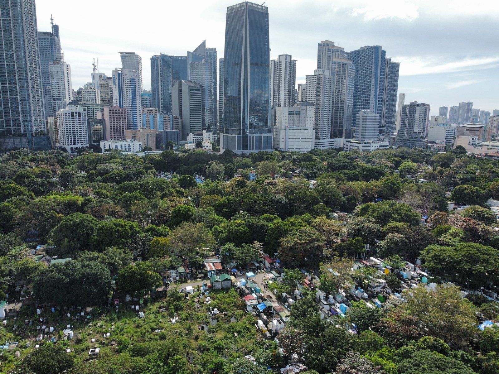 The vast greenery of Manila South Cemetery stands in contrast with the modern tall buildings of Makati City in this photo taken on All Saints' Day. As of 1:00 in the afternoon, at least 46,000 people have visited the Manila South Cemetery.