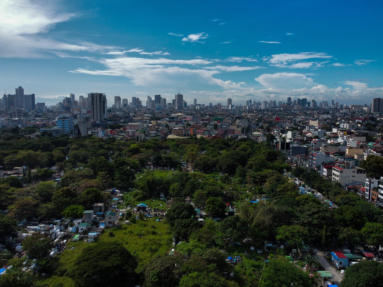 The vast greenery of Manila South Cemetery stands in contrast with the modern tall buildings of Makati City in this photo taken on All Saints' Day. As of 1:00 in the afternoon, at least 46,000 people have visited the Manila South Cemetery.