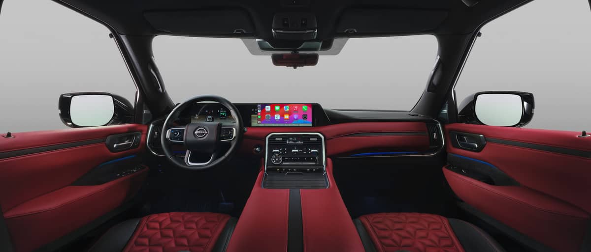 INTERIOR of the new Nissan Patrol features red leather seats, a wide digital display and premium trim details.