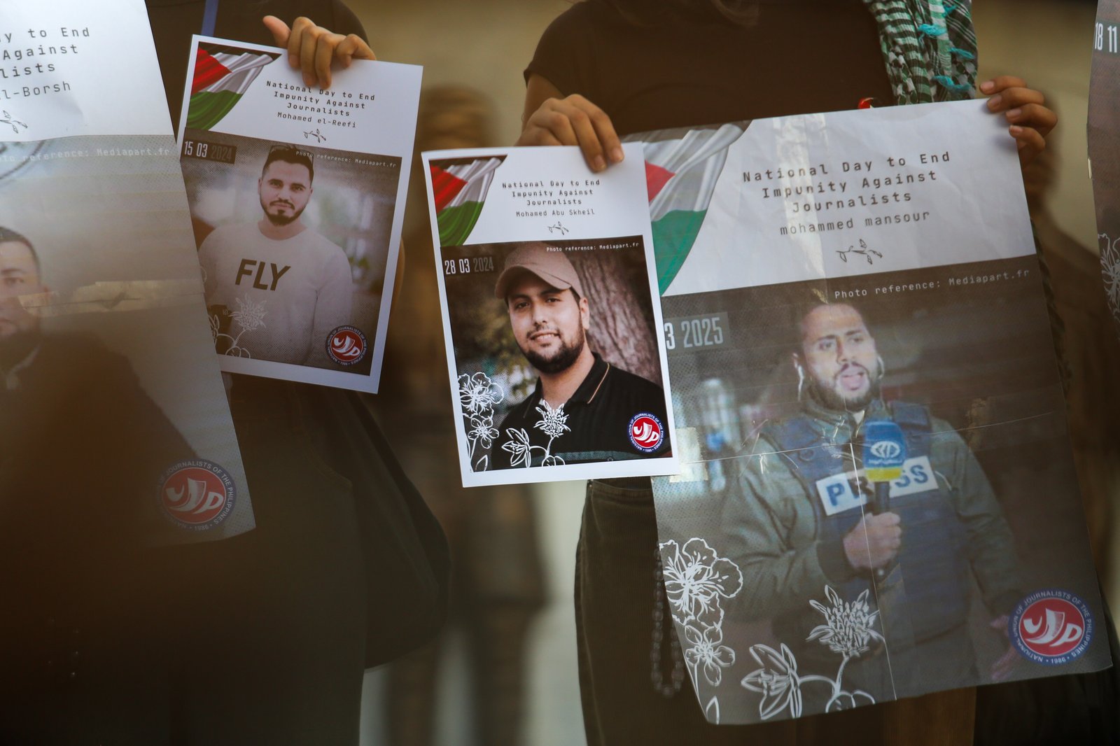 Journalists, students, human rights defenders, and press freedom advocates gather at the Boy Scouts Circle on Tomas Morato Avenue in Quezon City on the International Day to End Impunity for Crimes Against Journalists, 02 November 2025, as they commemorate the fallen journalists in Palestine and the Philippines who were killed while doing their duty.