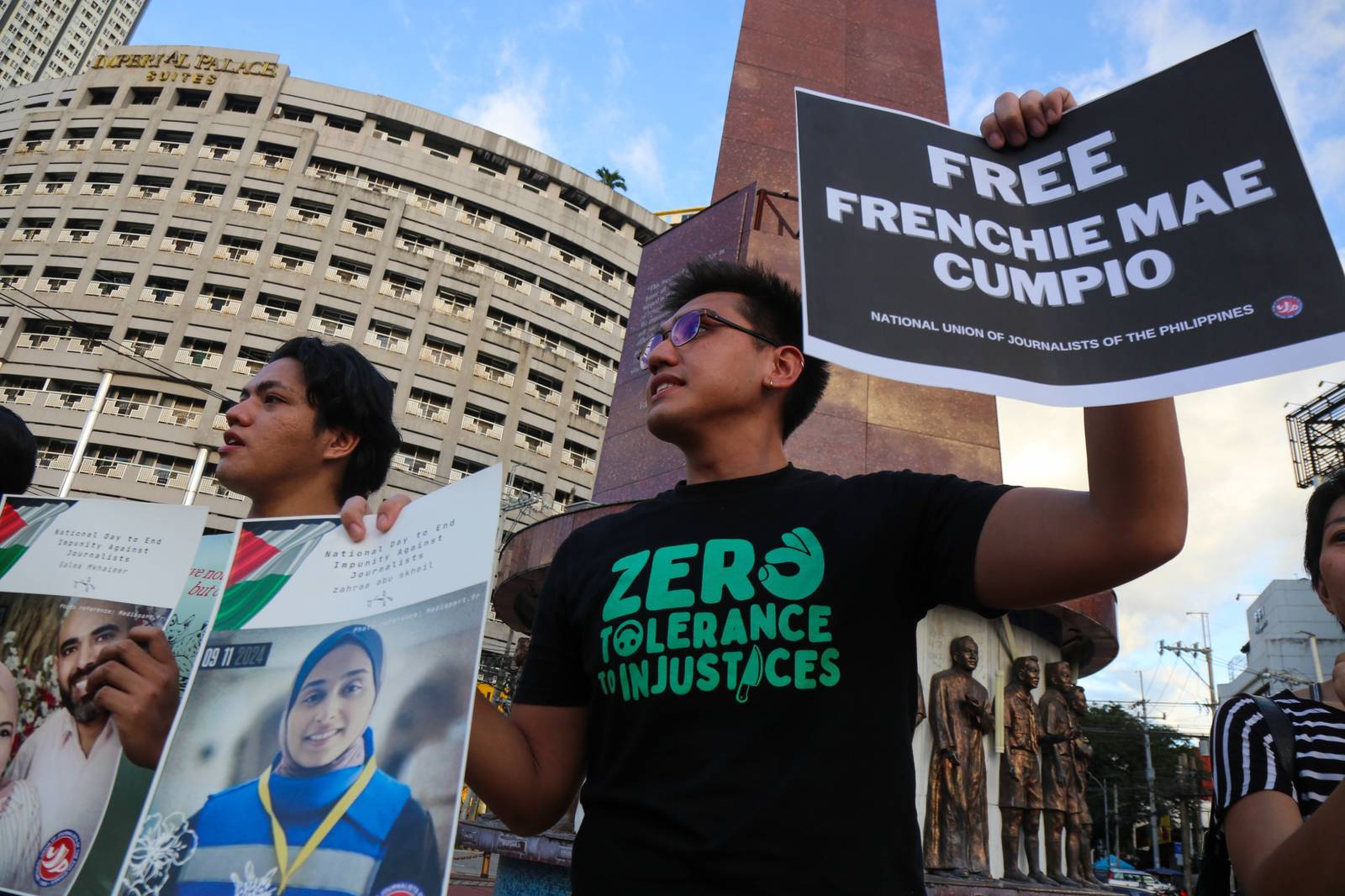 Journalists, students, human rights defenders, and press freedom advocates gather at the Boy Scouts Circle on Tomas Morato Avenue in Quezon City on the International Day to End Impunity for Crimes Against Journalists, 02 November 2025, as they commemorate the fallen journalists in Palestine and the Philippines who were killed while doing their duty.