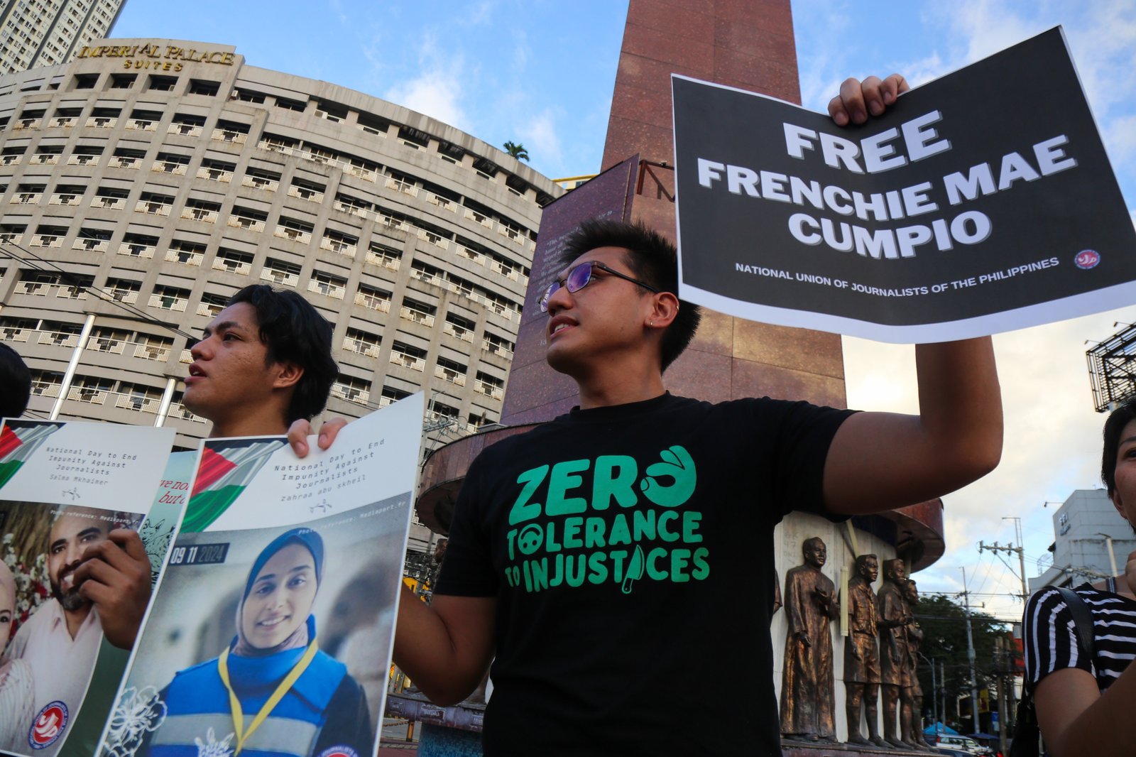 Journalists, students, human rights defenders, and press freedom advocates gather at the Boy Scouts Circle on Tomas Morato Avenue in Quezon City on the International Day to End Impunity for Crimes Against Journalists, 02 November 2025, as they commemorate the fallen journalists in Palestine and the Philippines who were killed while doing their duty.
